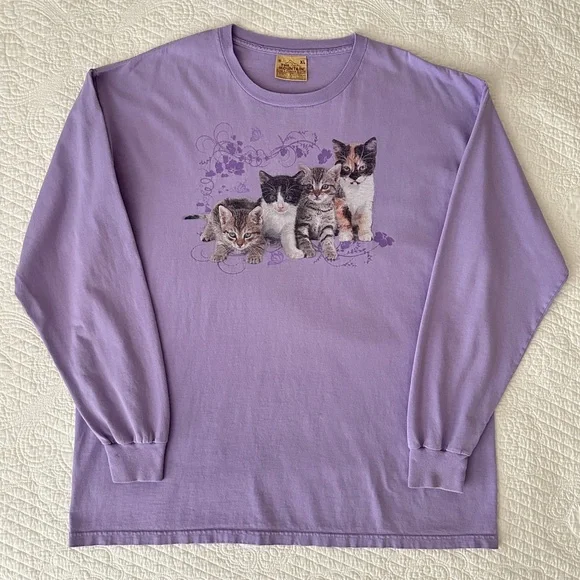 The Mountain Leather Tag Purple Cat Kitten Print Long Sleeve Shirt Y2K Vintage - Picture 8 of 8